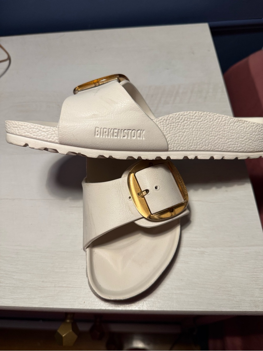 Birkenstock Madrid White Slide Sandals with Gold Buckles - Picture 2 of 3